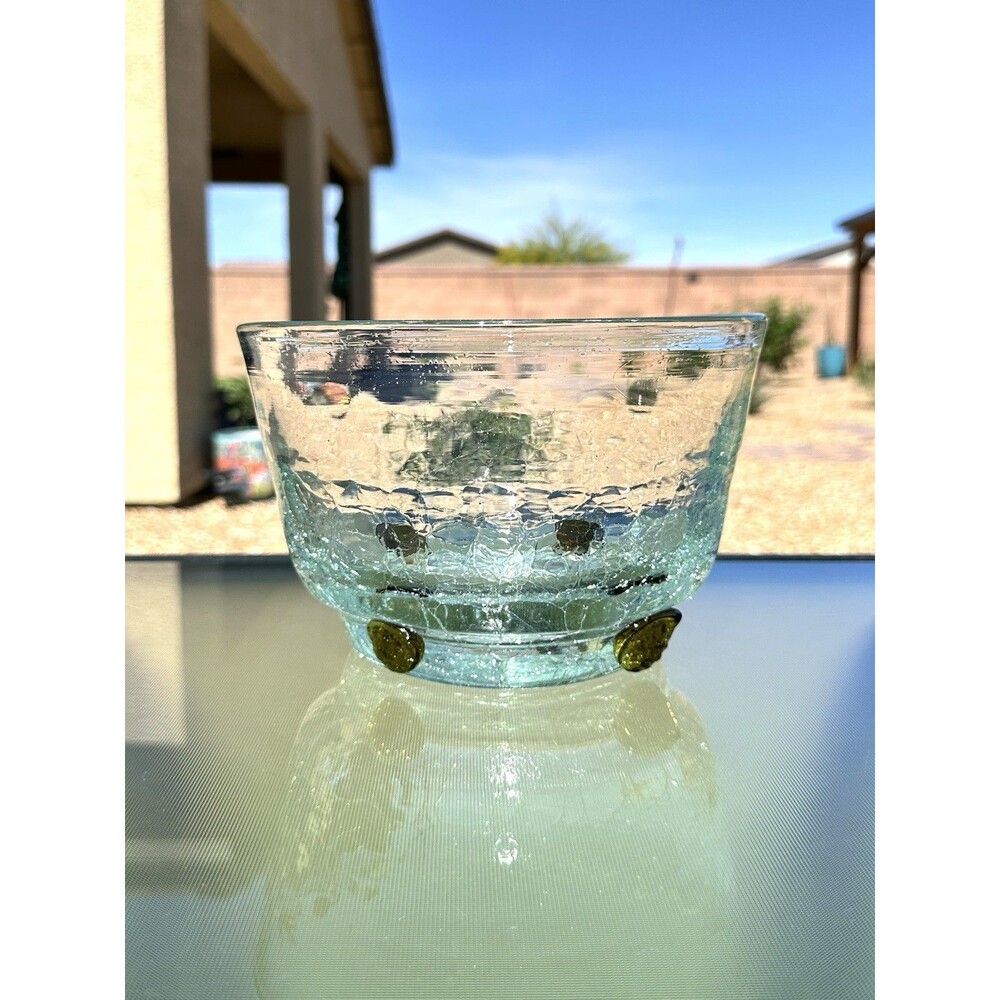 Blenko Glass Mid Century Modern Crackle Glass Bowl w/ Avocado Green Prunts